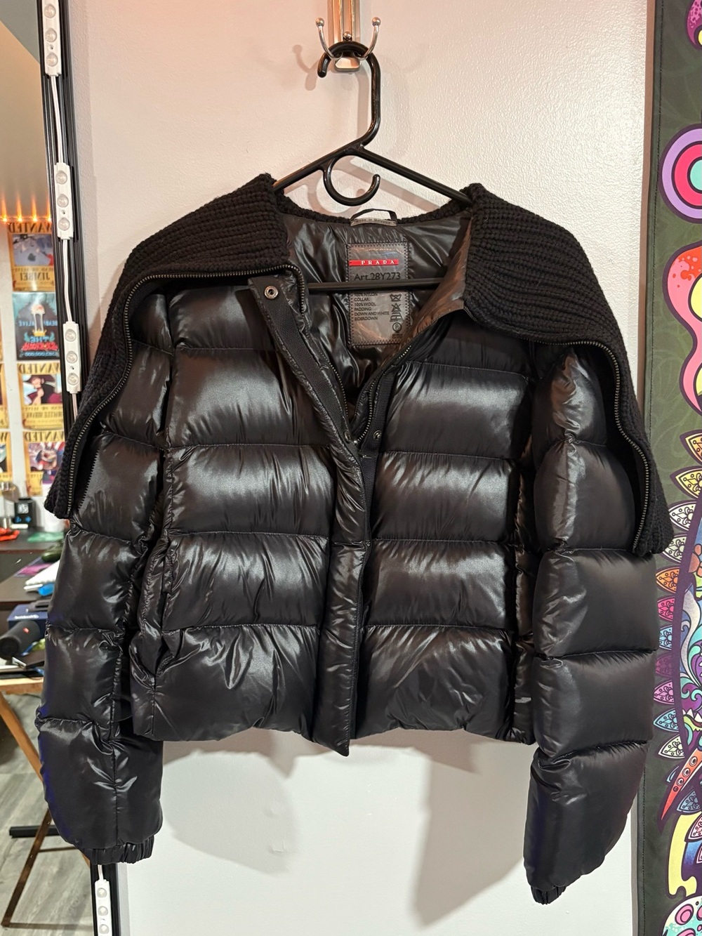 Prada Black Quilted Down Puffer Jacket with Knit Collar